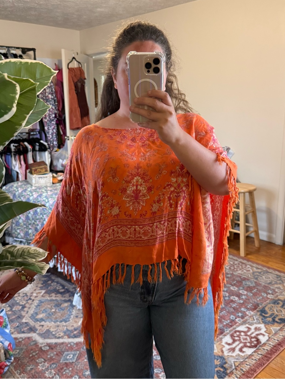 Mileage Y2K orange & pink paisley poncho shaw
